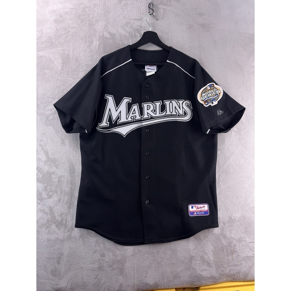 Majestic Marlins Baseball Jersey Mens Size Large‎ Black MLB 2003 World Series